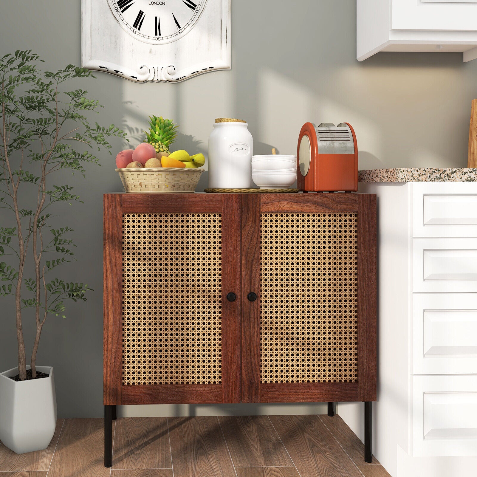 Kitchen Sideboard With 2 Rattan Doors, Adjustable Shelf, Walnut Sideboards Cabinets & Buffets at Gallery Canada