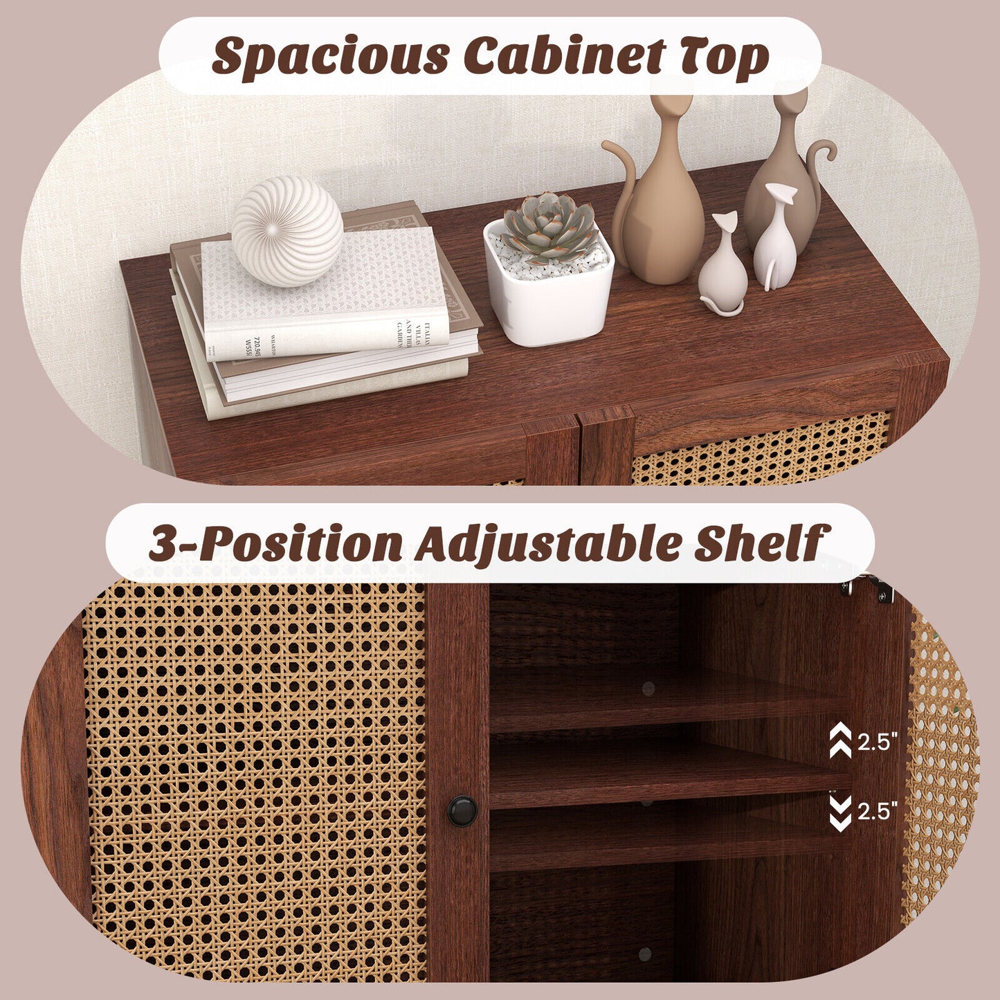 Kitchen Sideboard With 2 Rattan Doors, Adjustable Shelf, Walnut Sideboards Cabinets & Buffets at Gallery Canada