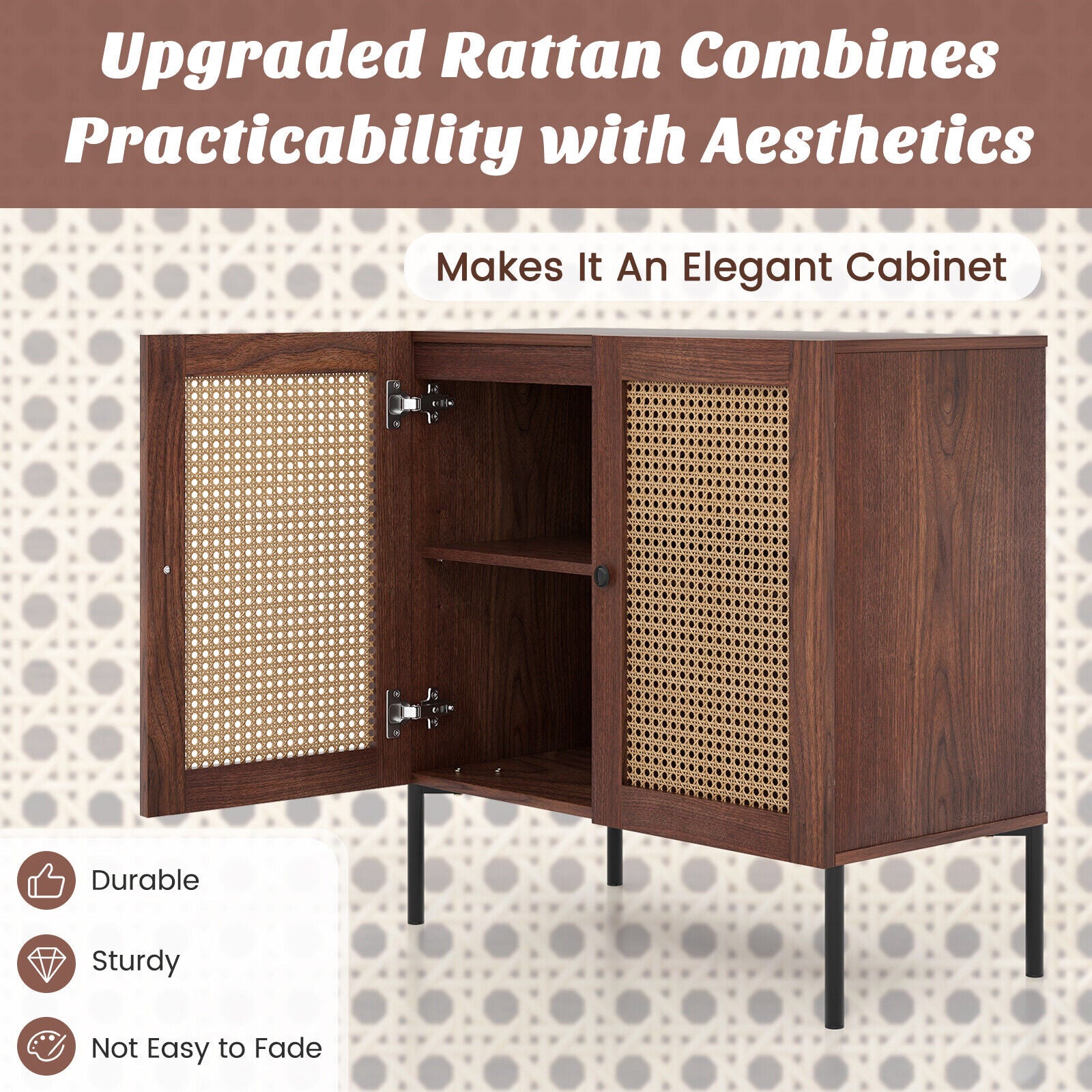 Kitchen Sideboard With 2 Rattan Doors, Adjustable Shelf, Walnut Sideboards Cabinets & Buffets at Gallery Canada