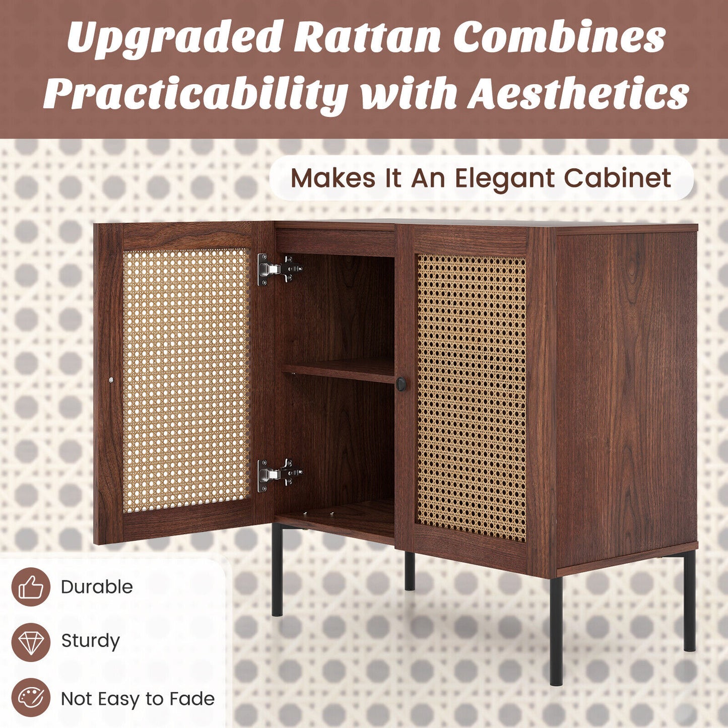 Kitchen Sideboard With 2 Rattan Doors, Adjustable Shelf, Walnut Sideboards Cabinets & Buffets at Gallery Canada