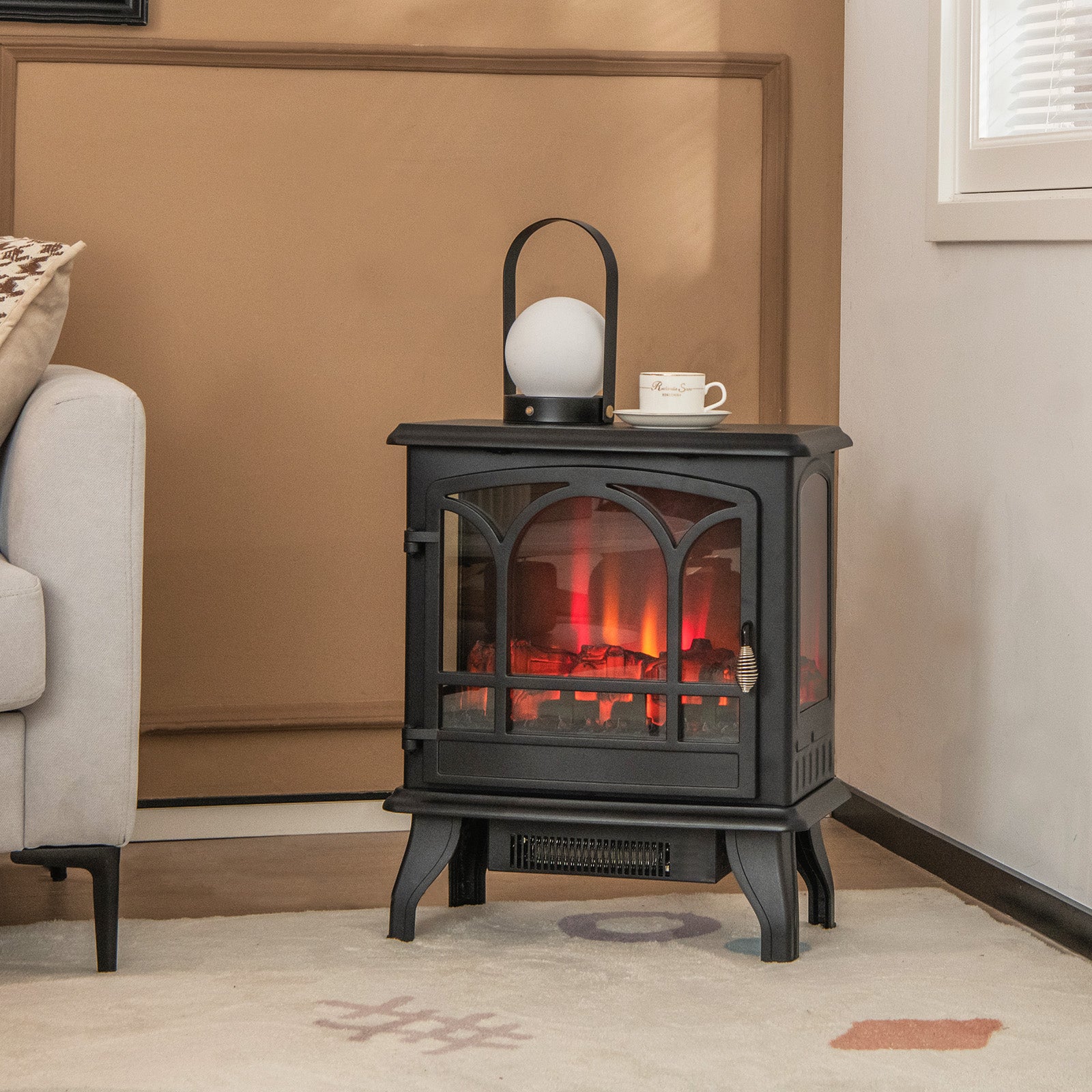 1400W Electric Stove Heater, 3-Level Flame Effect, 3-Sided View, Black Fireplaces at Gallery Canada