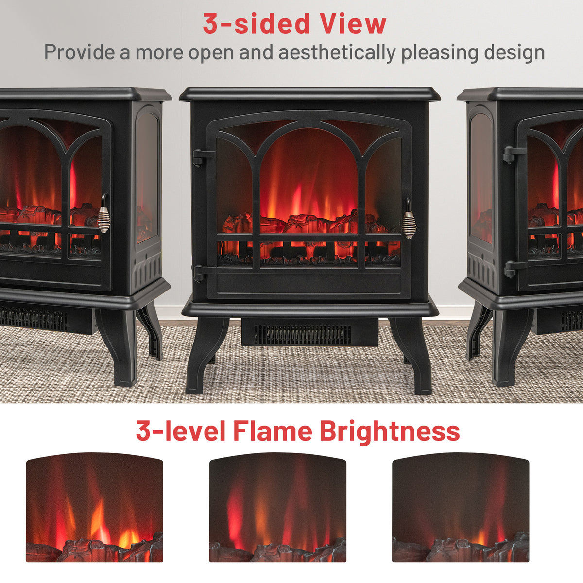 1400W Electric Stove Heater, 3-Level Flame Effect, 3-Sided View, Black Fireplaces at Gallery Canada