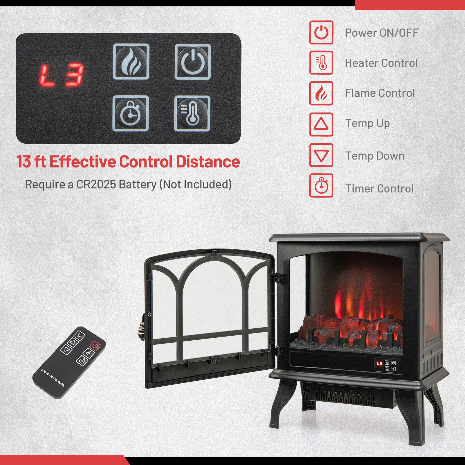 1400W Electric Stove Heater, 3-Level Flame Effect, 3-Sided View, Black Fireplaces at Gallery Canada