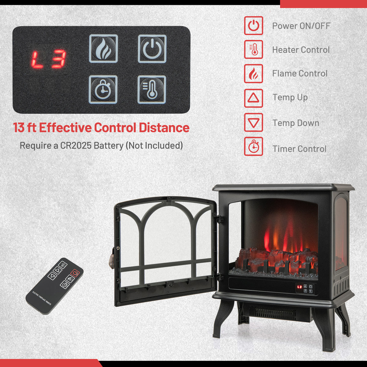 1400W Electric Stove Heater, 3-Level Flame Effect, 3-Sided View, Black Fireplaces at Gallery Canada