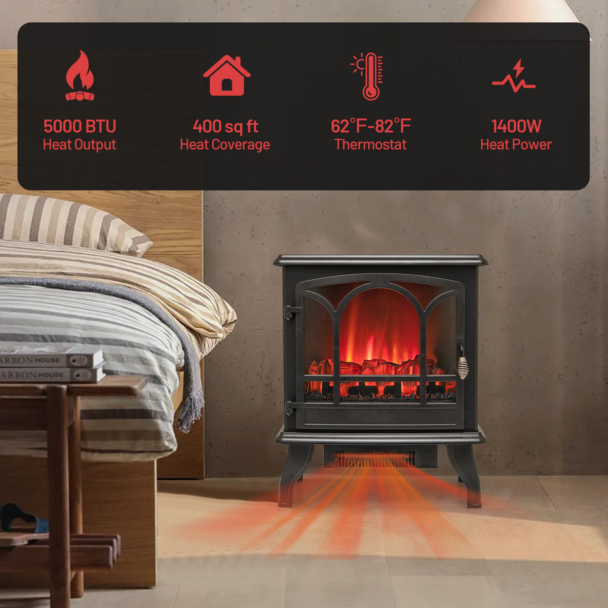 1400W Electric Stove Heater, 3-Level Flame Effect, 3-Sided View, Black Fireplaces at Gallery Canada