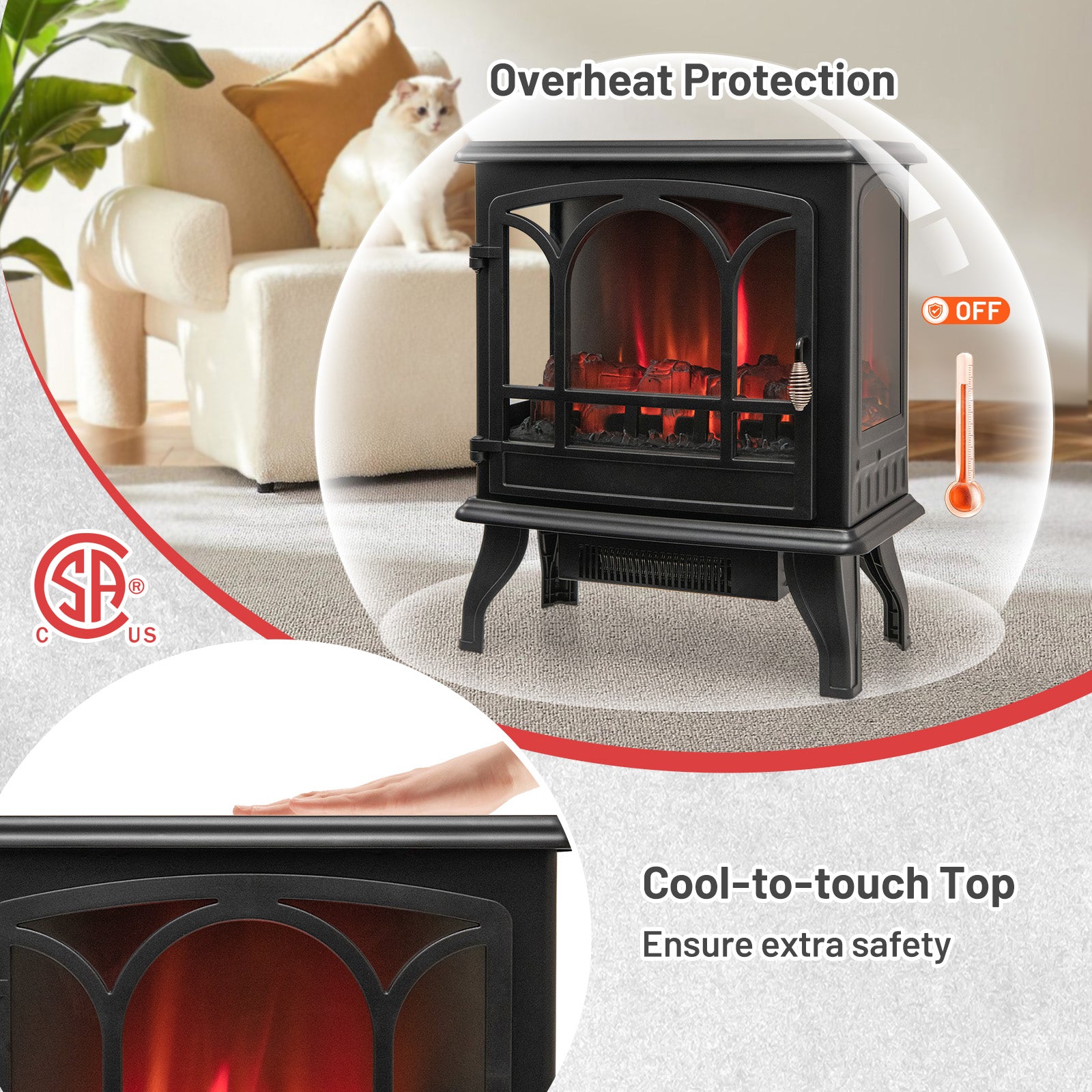 1400W Electric Stove Heater, 3-Level Flame Effect, 3-Sided View, Black Fireplaces at Gallery Canada