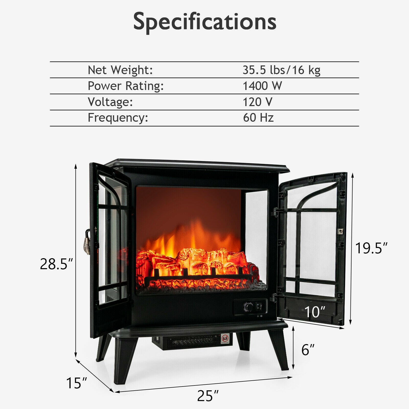 25 Inch Electric Fireplace Heater, Realistic Flame, Black Fireplaces at Gallery Canada