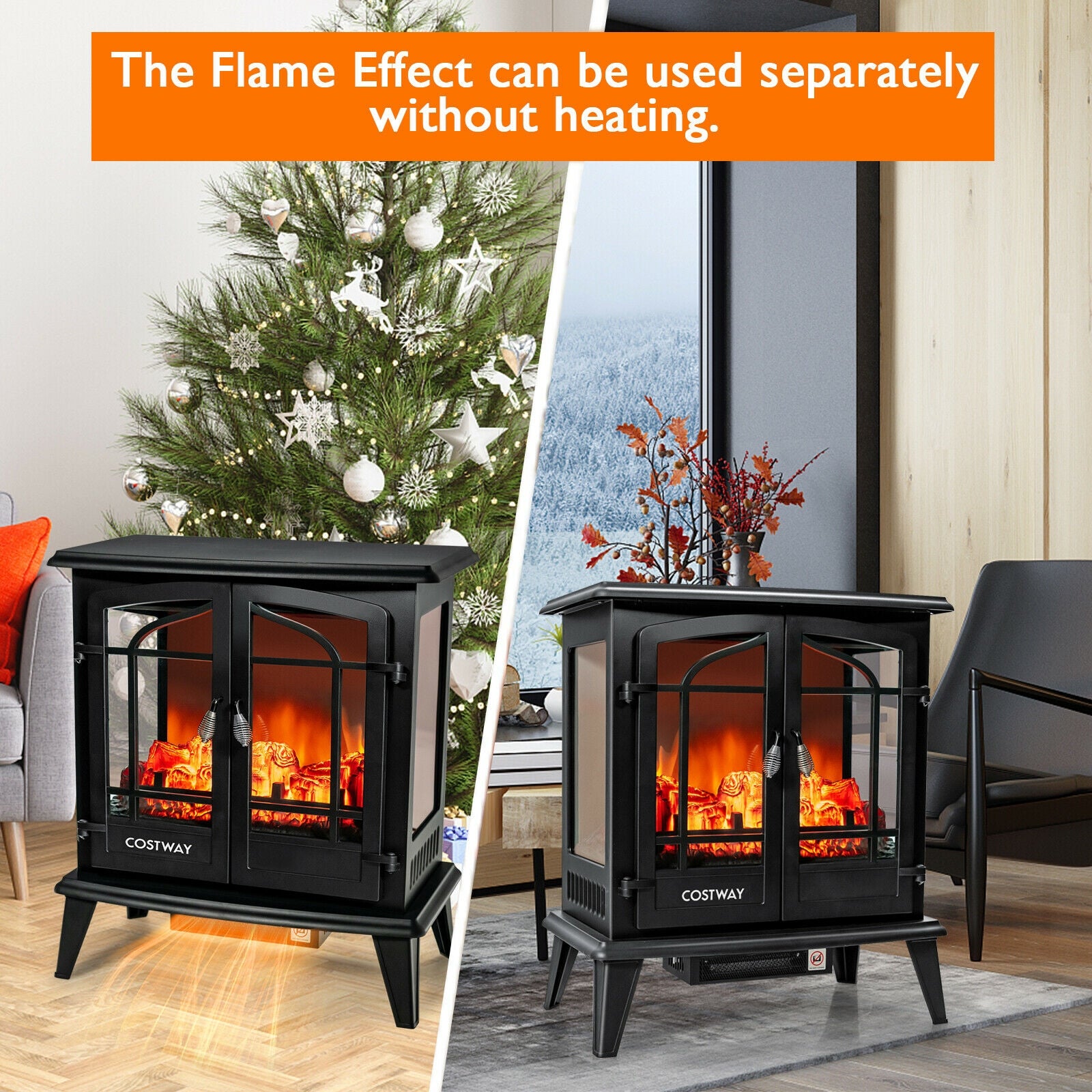 25 Inch Electric Fireplace Heater, Realistic Flame, Black Fireplaces at Gallery Canada