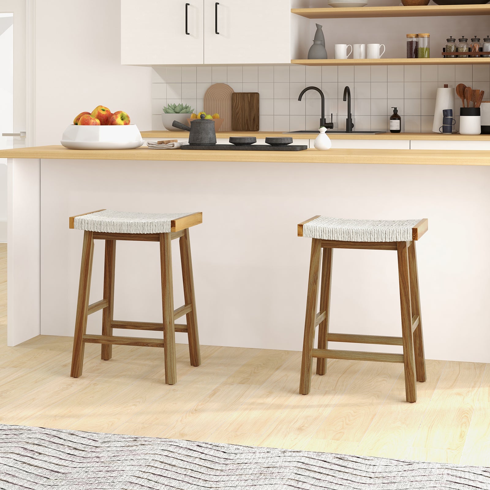 Set Of 2 25.5 Inch Bar Stools, Seaweed Woven Seat, Beige Bar Stools at Gallery Canada