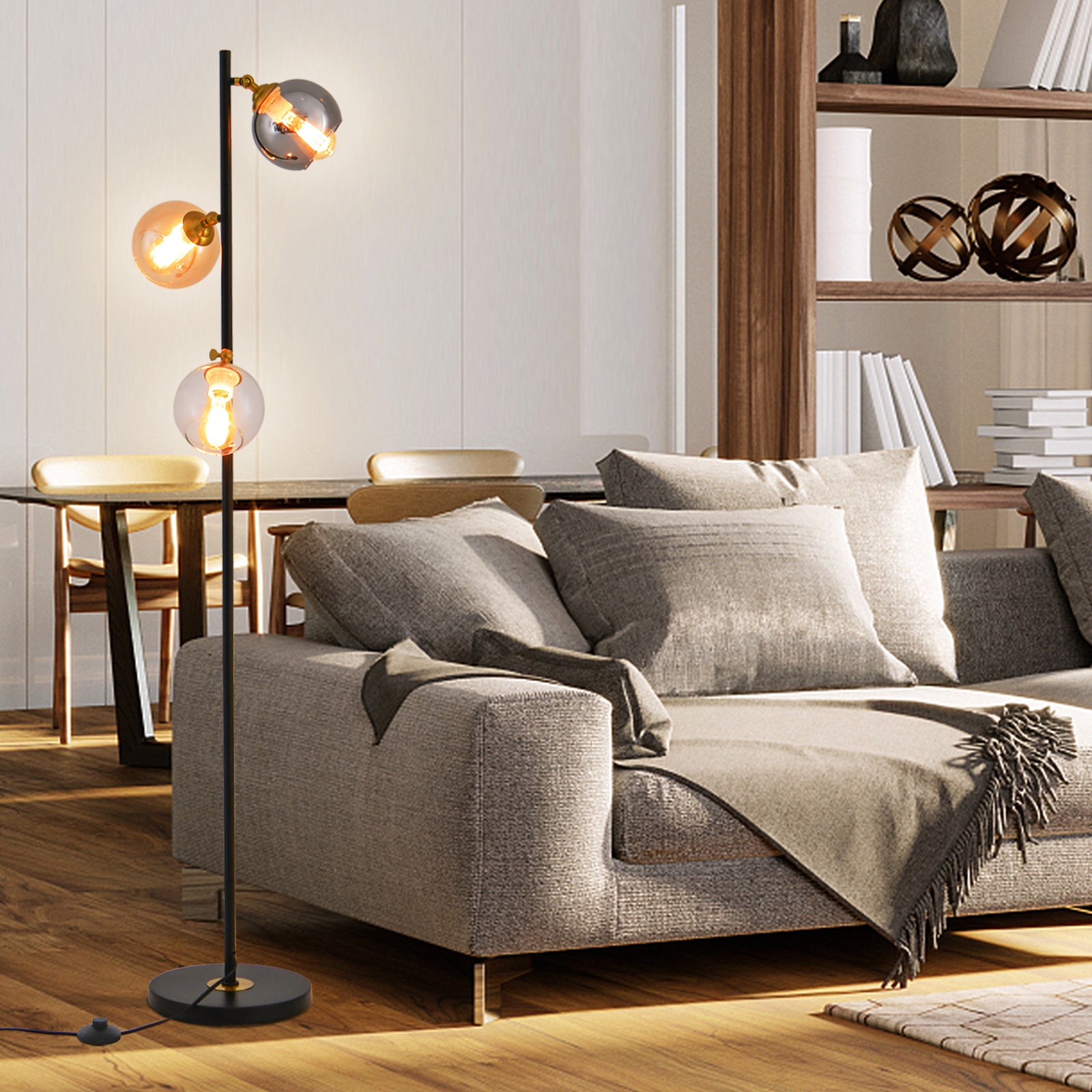 Mid Century Floor Lamp, 3 Glass Globe Shades, Weighted Base, Black Table & Floor Lamps at Gallery Canada