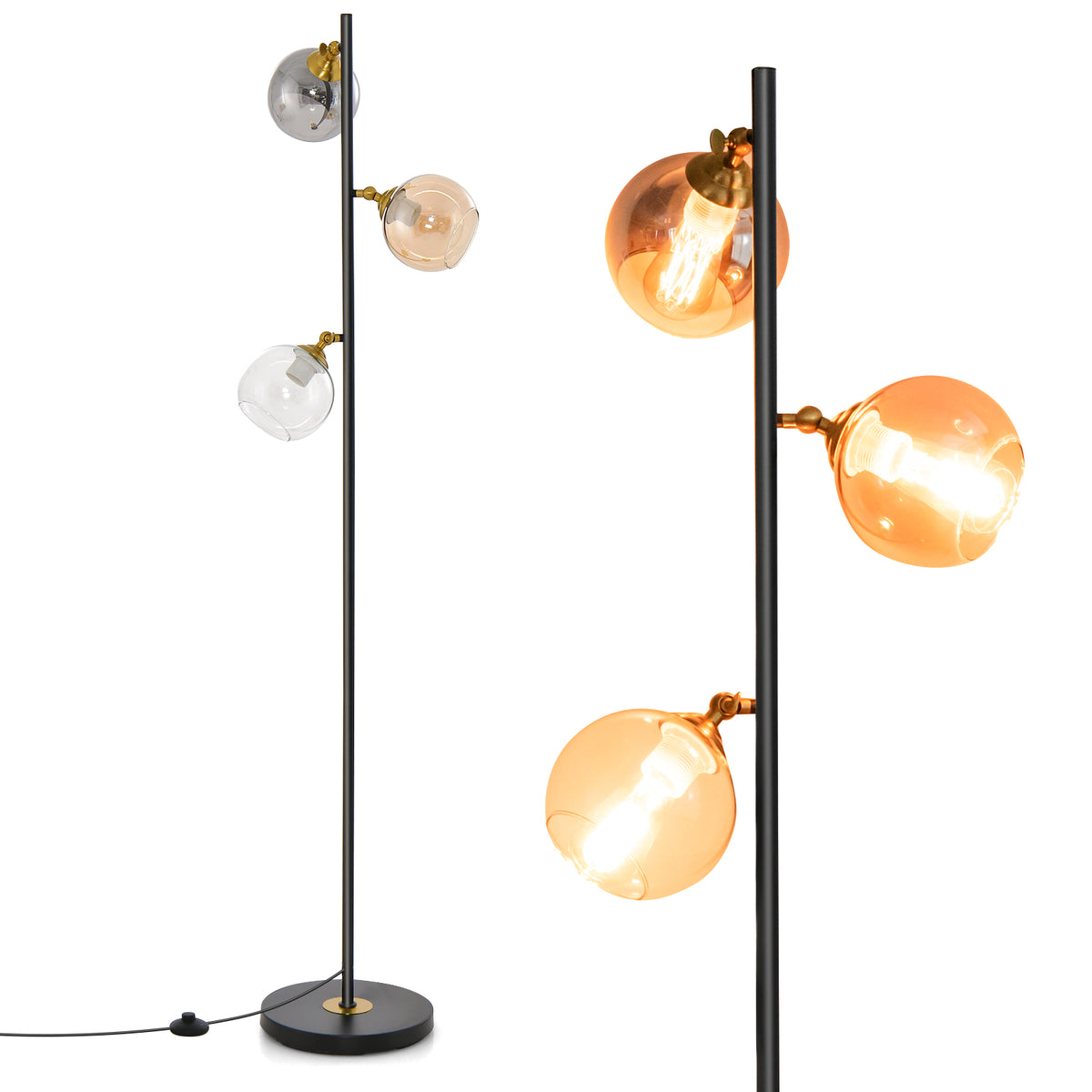 Mid Century Floor Lamp, 3 Glass Globe Shades, Weighted Base, Black Table & Floor Lamps at Gallery Canada