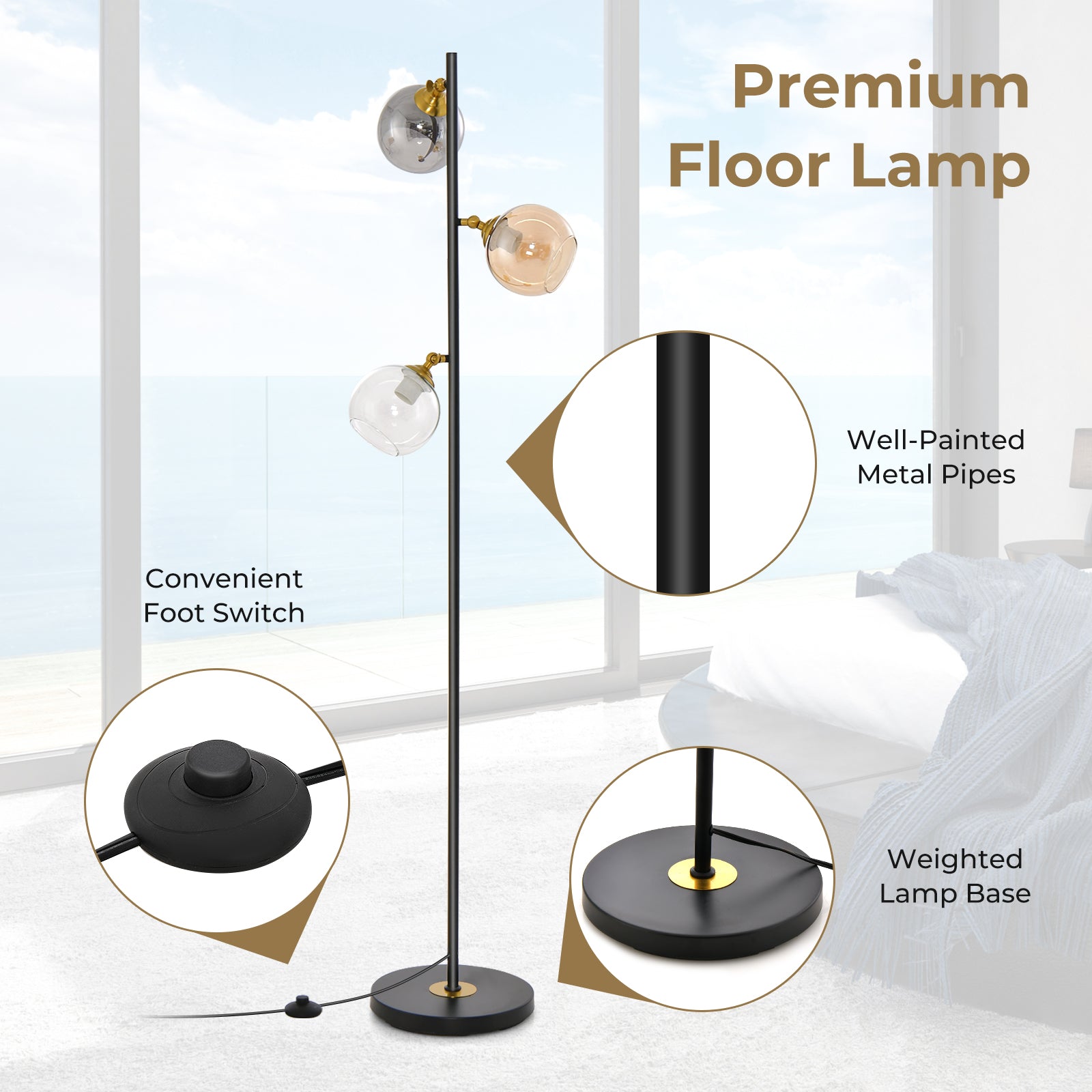 Mid Century Floor Lamp, 3 Glass Globe Shades, Weighted Base, Black Table & Floor Lamps at Gallery Canada