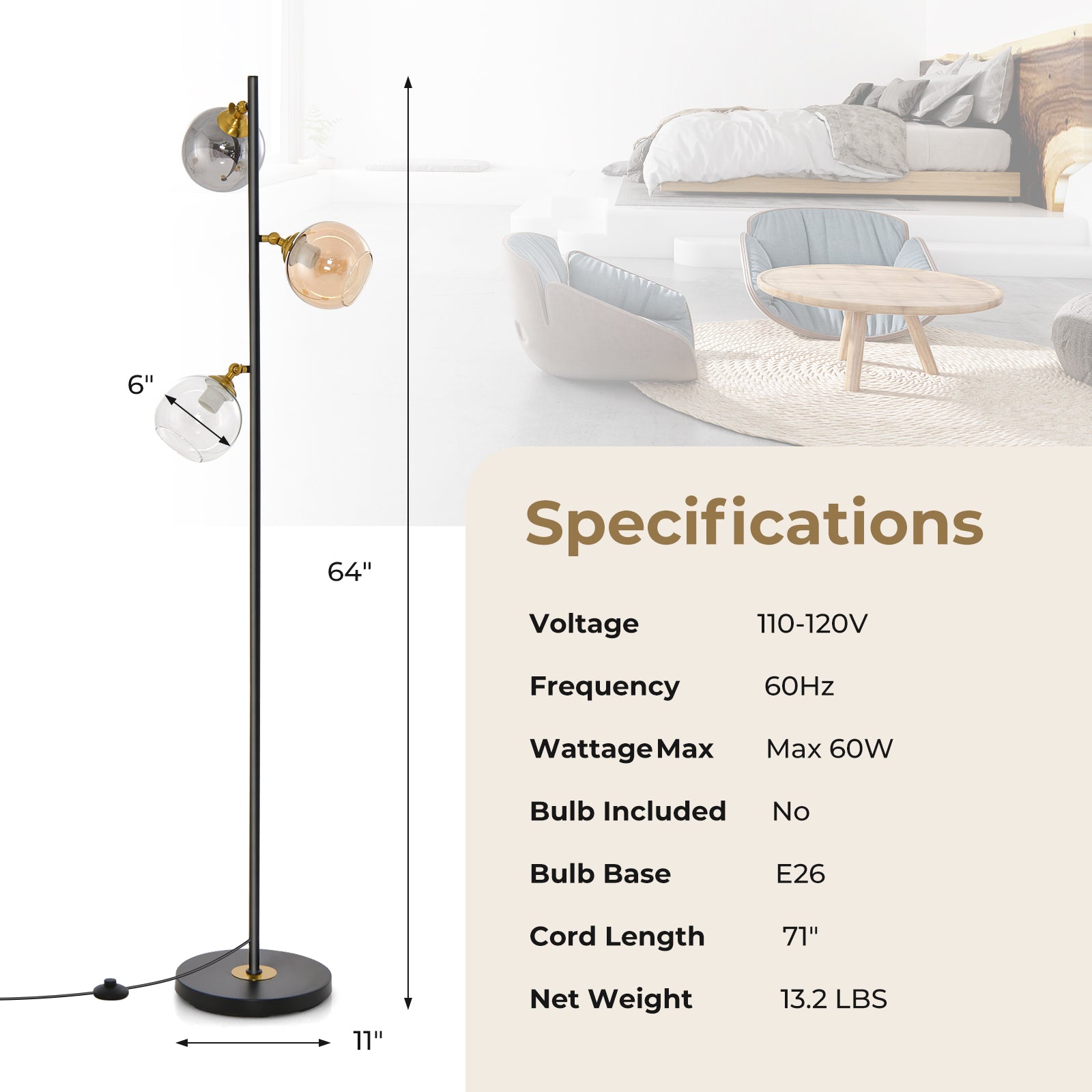 Mid Century Floor Lamp, 3 Glass Globe Shades, Weighted Base, Black Table & Floor Lamps at Gallery Canada