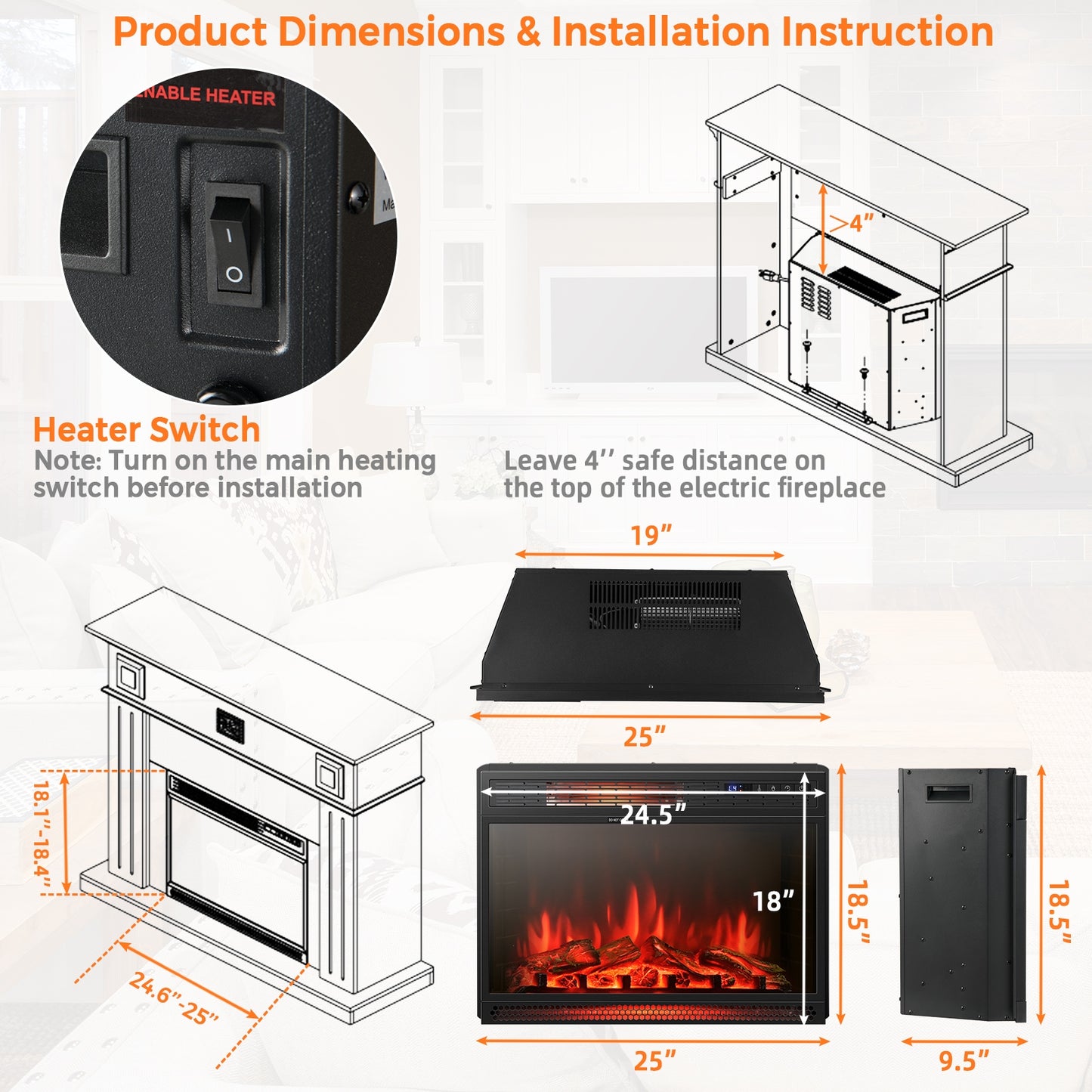 25 Inches Recessed Electric Heater, Black Fireplaces at Gallery Canada
