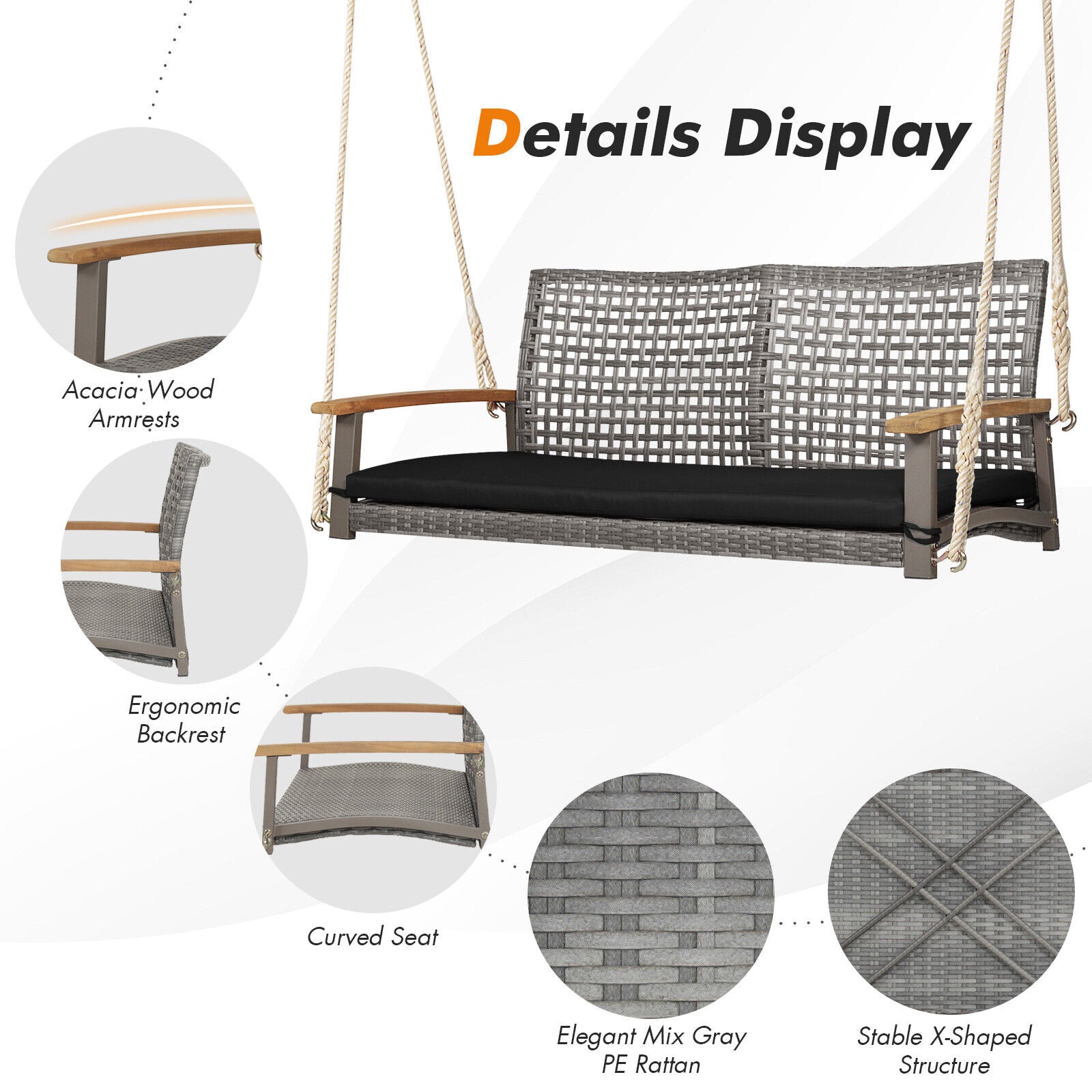 2-Person Patio Wicker Hanging Swing Chair, Black Porch Swings at Gallery Canada