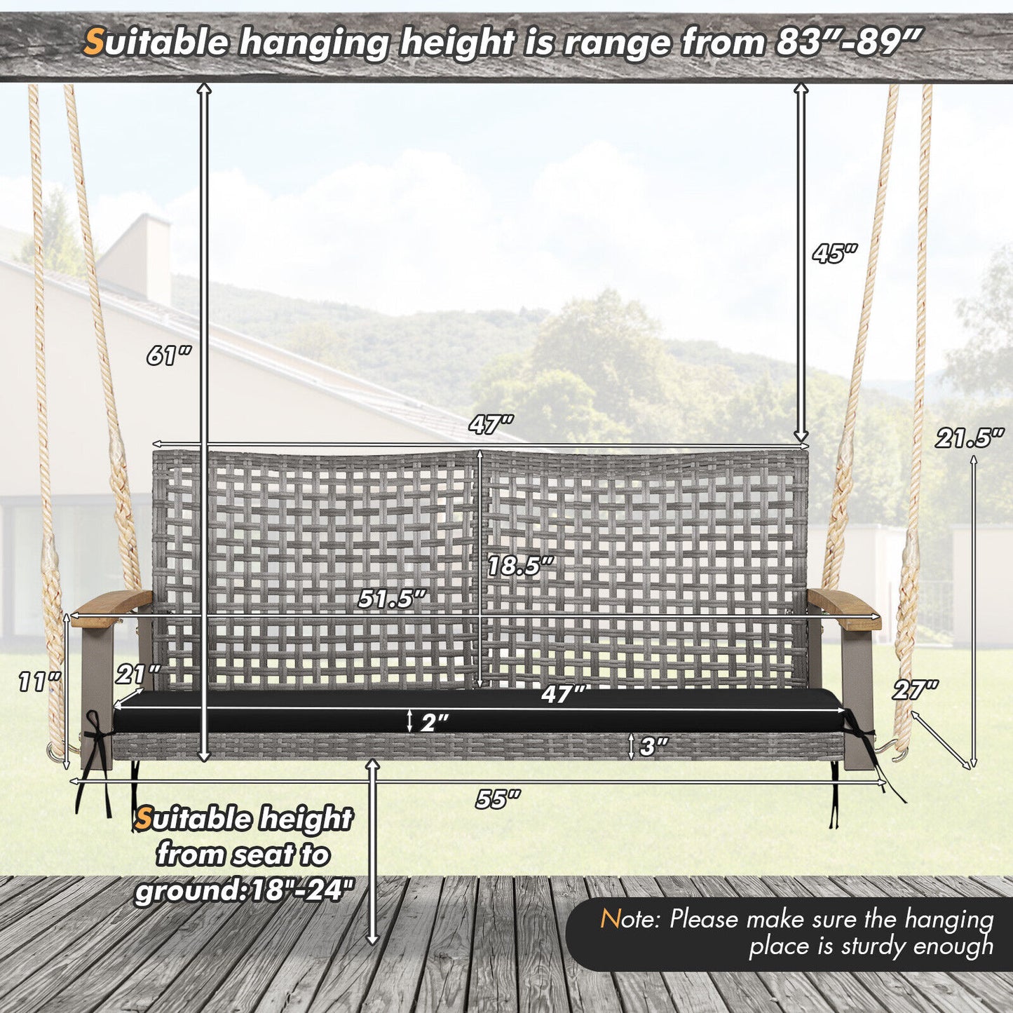 2-Person Patio Wicker Hanging Swing Chair, Black Porch Swings at Gallery Canada