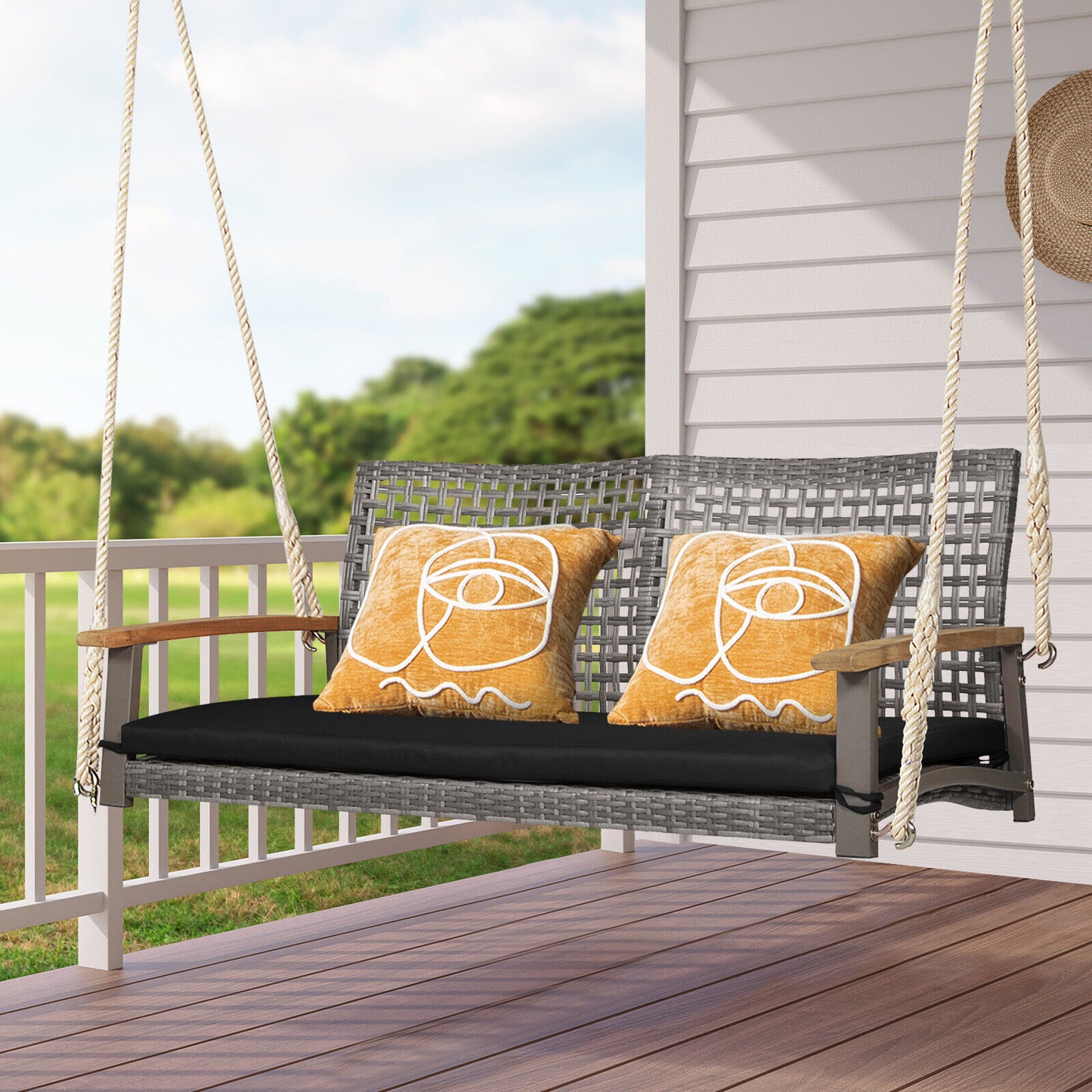 2-Person Patio Wicker Hanging Swing Chair, Black Porch Swings at Gallery Canada