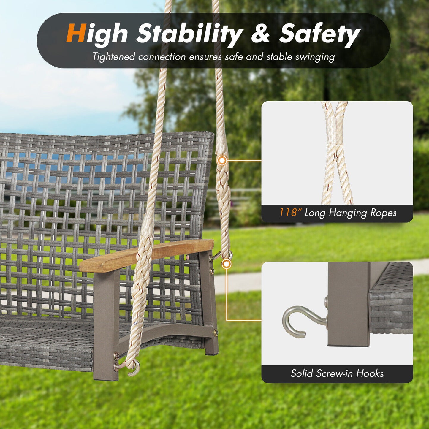 2-Person Patio Wicker Hanging Swing Chair, Black Porch Swings at Gallery Canada