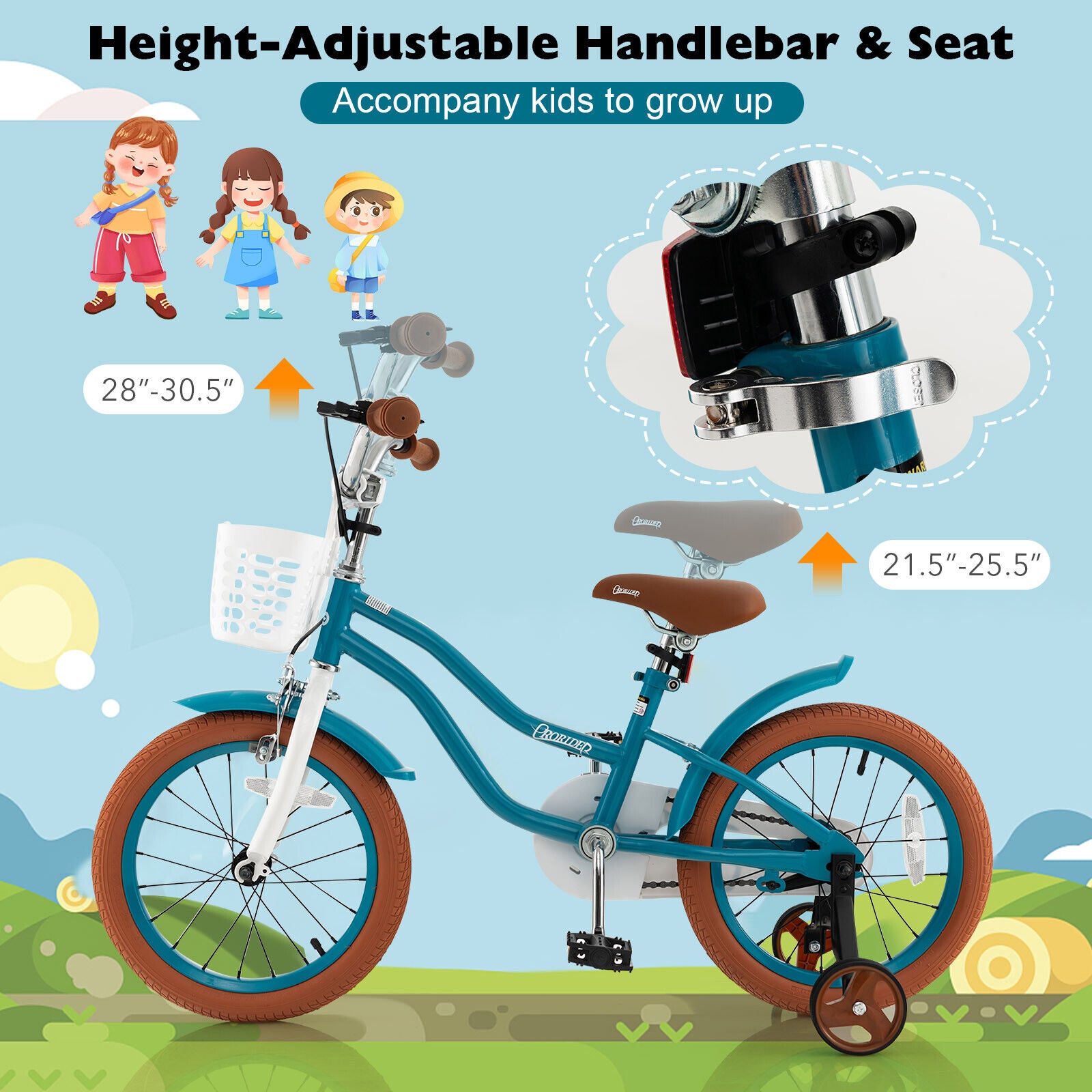 16 Inch Kids Bike, Front Handbrake, 2 Training Wheels, Turquoise Kids Bike at Gallery Canada