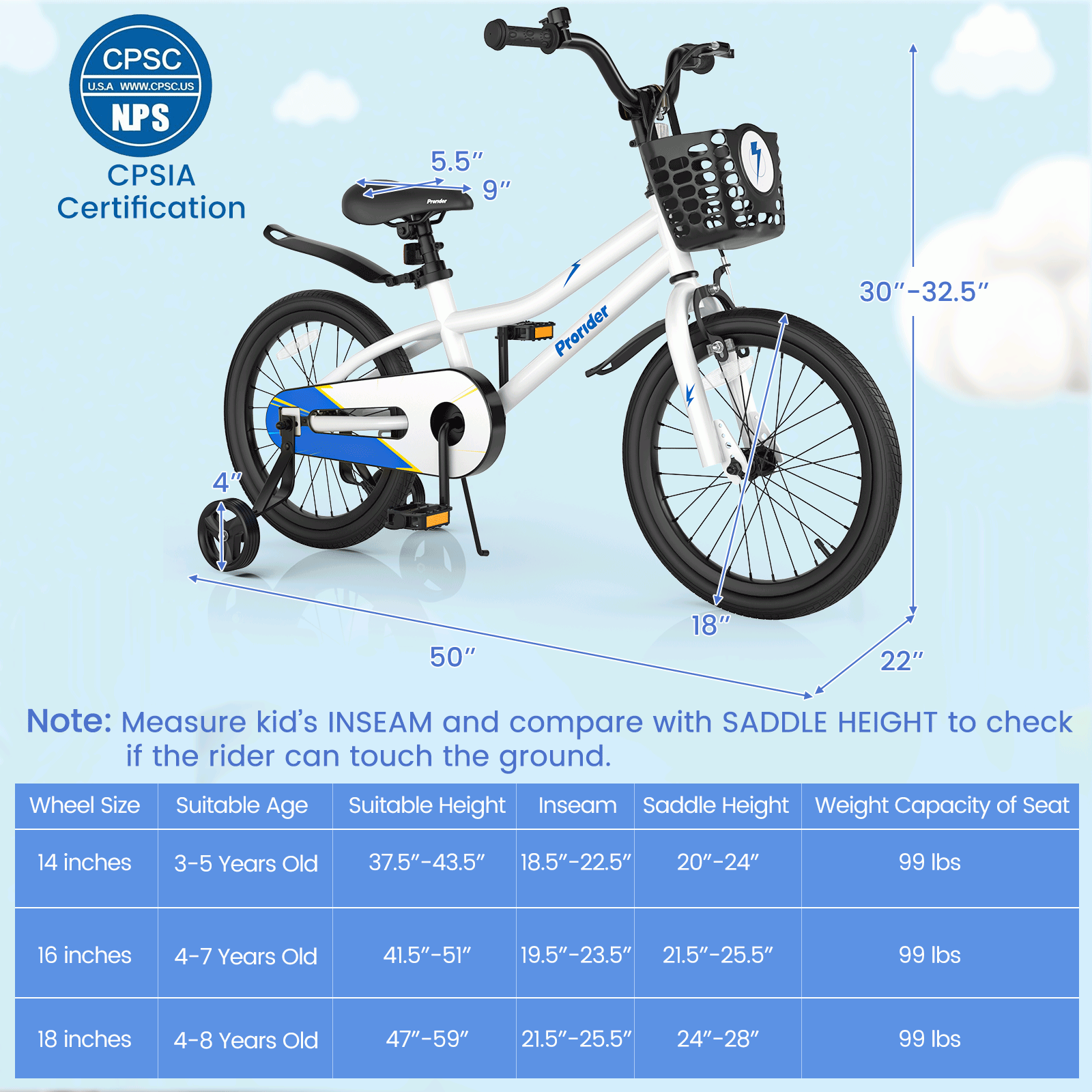 18 Feet Kids Bike, Removable Training Wheels, White Kids Bike at Gallery Canada