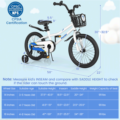 18 Feet Kids Bike, Removable Training Wheels, White Kids Bike at Gallery Canada