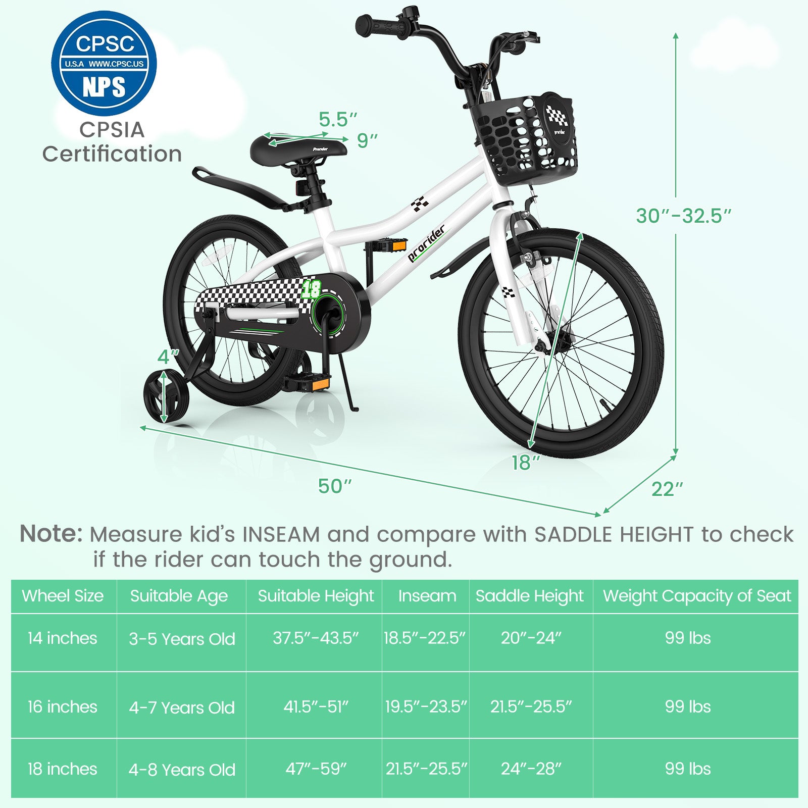 18 Feet Kids Bike, Removable Training Wheels, White, Black Kids Bike at Gallery Canada