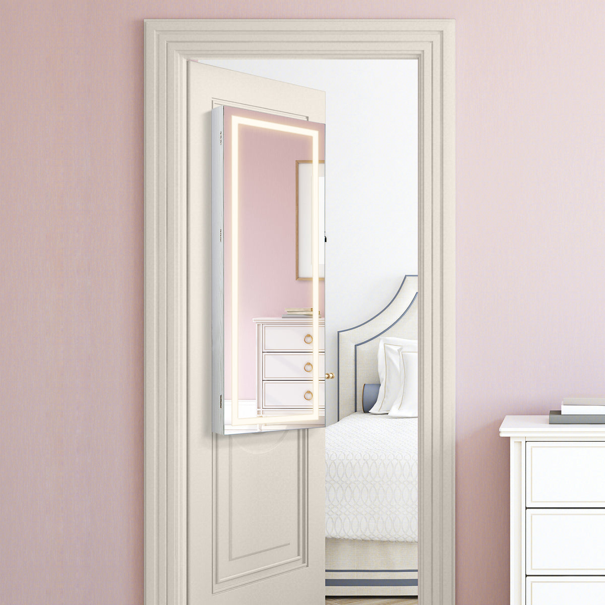 42.5 Inches Lockable Jewelry Mirror Cabinet, 3-Color LED Lights, White Jewelry Armoires at Gallery Canada