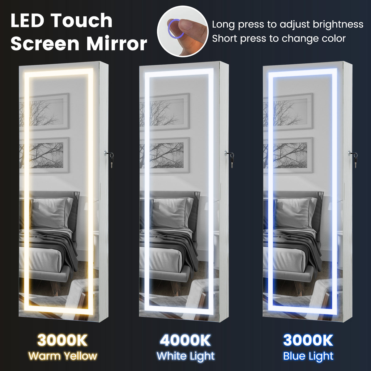 42.5 Inches Lockable Jewelry Mirror Cabinet, 3-Color LED Lights, White Jewelry Armoires at Gallery Canada