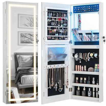 42.5 Inches Lockable Jewelry Mirror Cabinet, 3-Color LED Lights, White Jewelry Armoires White at Gallery Canada