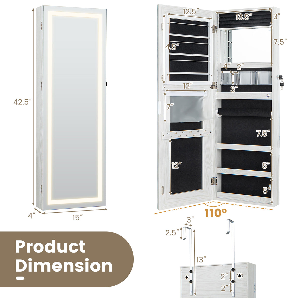 42.5 Inches Lockable Jewelry Mirror Cabinet, 3-Color LED Lights, White Jewelry Armoires at Gallery Canada