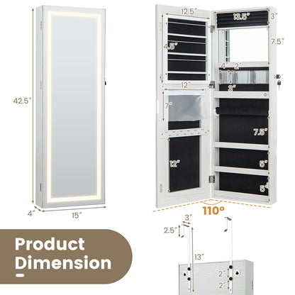 42.5 Inches Lockable Jewelry Mirror Cabinet, 3-Color LED Lights, White Jewelry Armoires at Gallery Canada