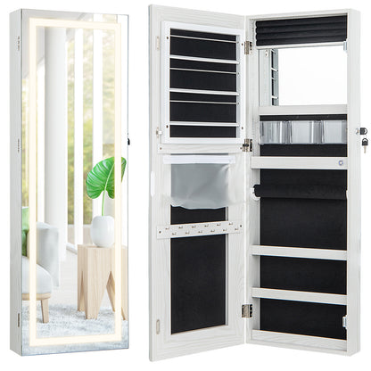 42.5 Inches Lockable Jewelry Mirror Cabinet, 3-Color LED Lights, White Jewelry Armoires at Gallery Canada