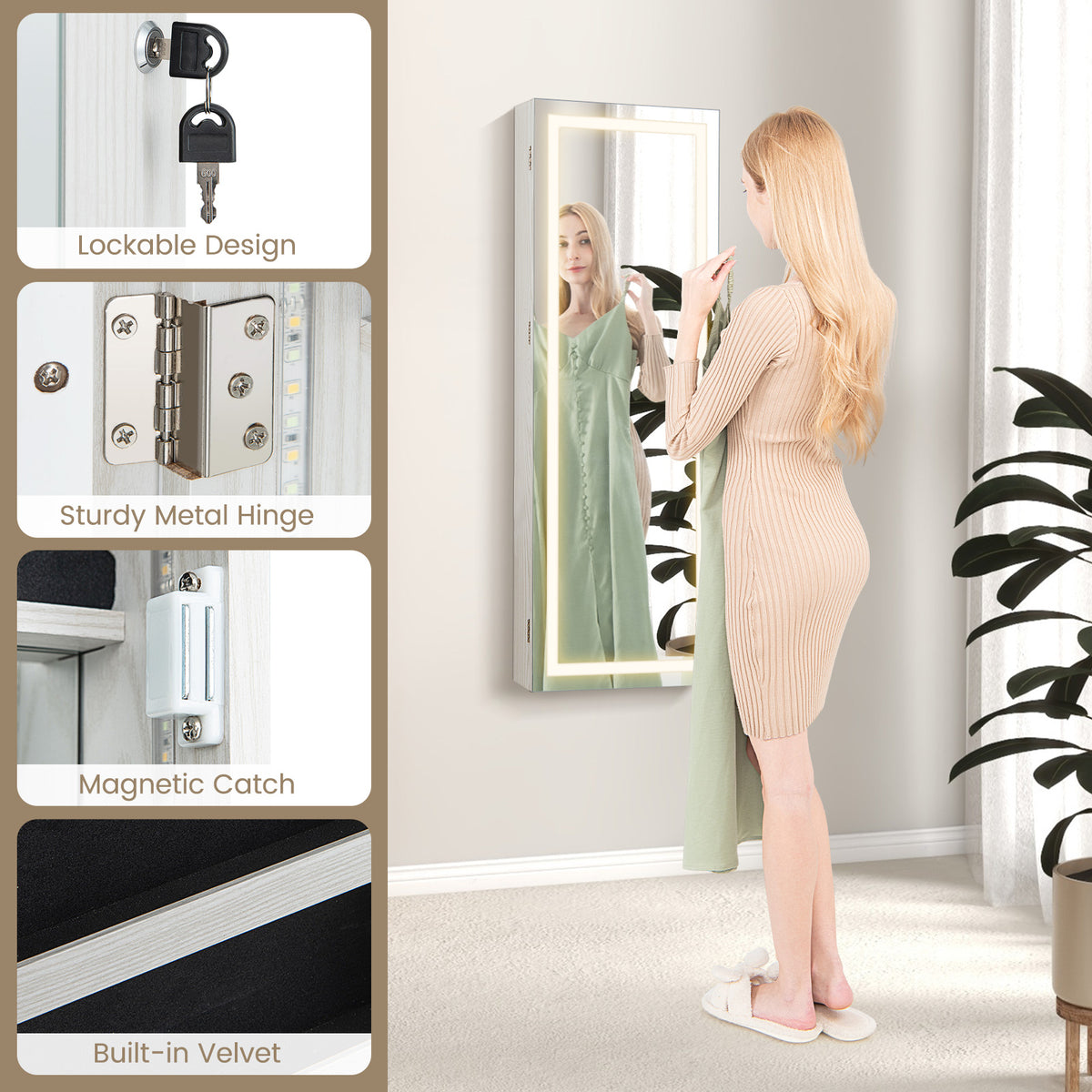 42.5 Inches Lockable Jewelry Mirror Cabinet, 3-Color LED Lights, White Jewelry Armoires at Gallery Canada