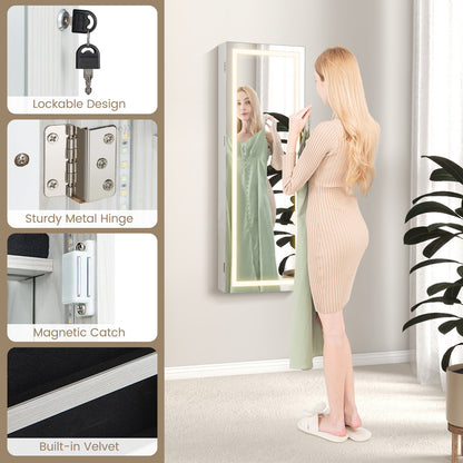 42.5 Inches Lockable Jewelry Mirror Cabinet, 3-Color LED Lights, White Jewelry Armoires at Gallery Canada