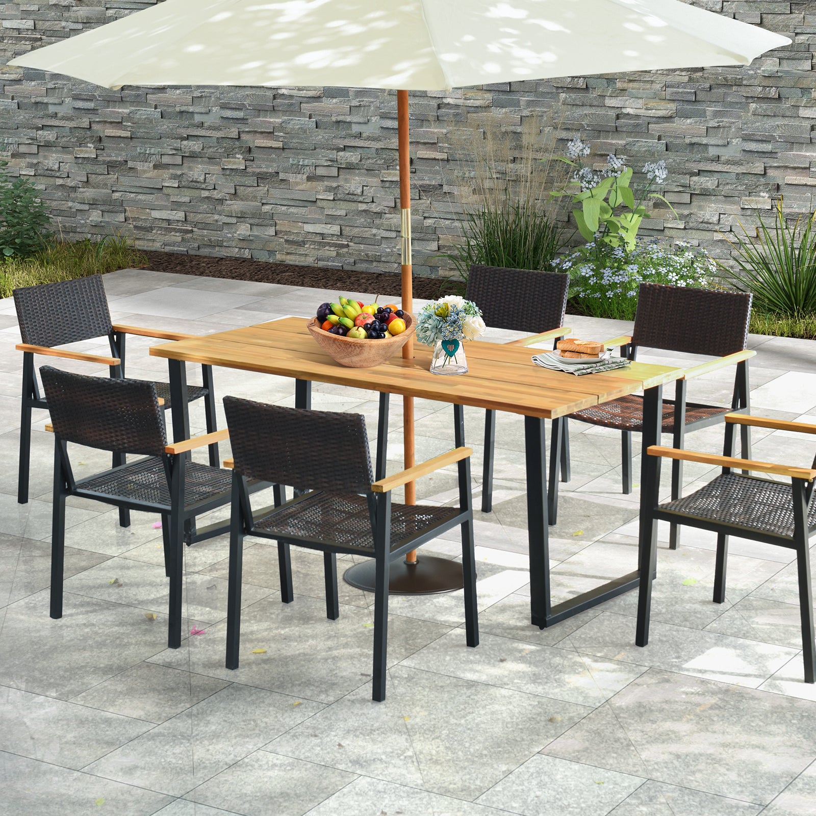 6-Person Acacia Wood Outdoor Dining Table, 2 Inch Umbrella Hole, Natural Patio Dining Tables at Gallery Canada