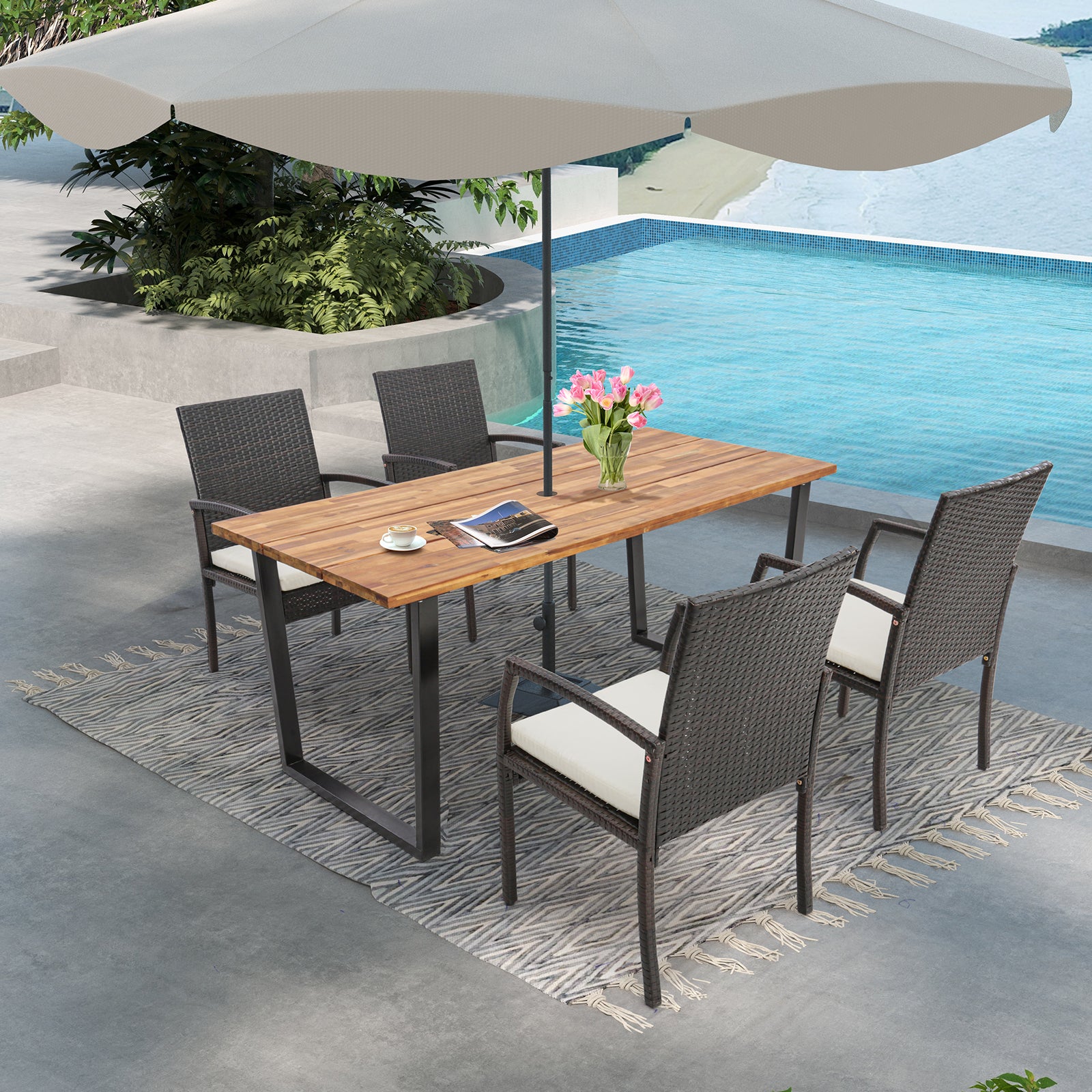 6-Person Acacia Wood Outdoor Dining Table, 2 Inch Umbrella Hole, Natural Patio Dining Tables at Gallery Canada