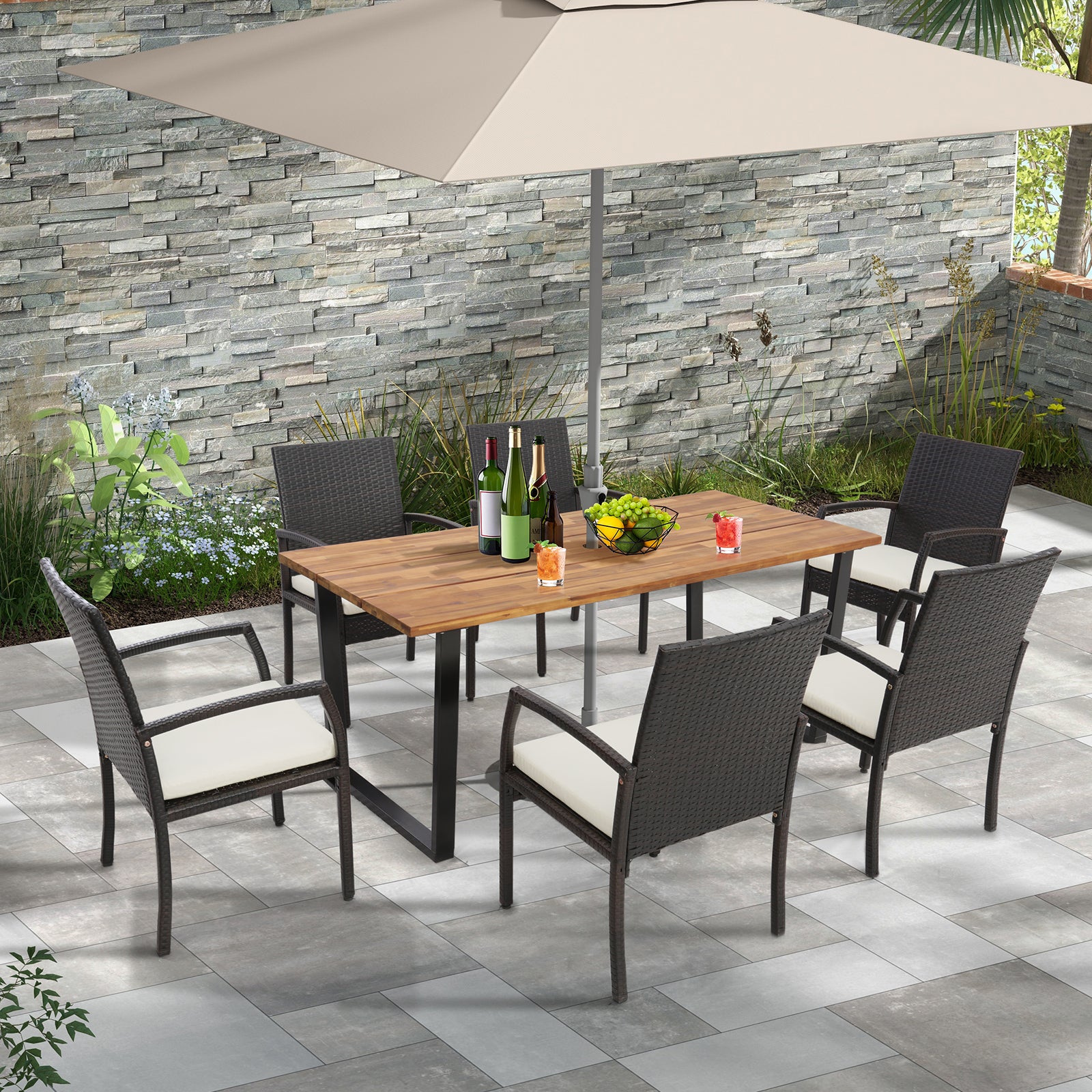 6-Person Acacia Wood Outdoor Dining Table, 2 Inch Umbrella Hole, Natural Patio Dining Tables at Gallery Canada