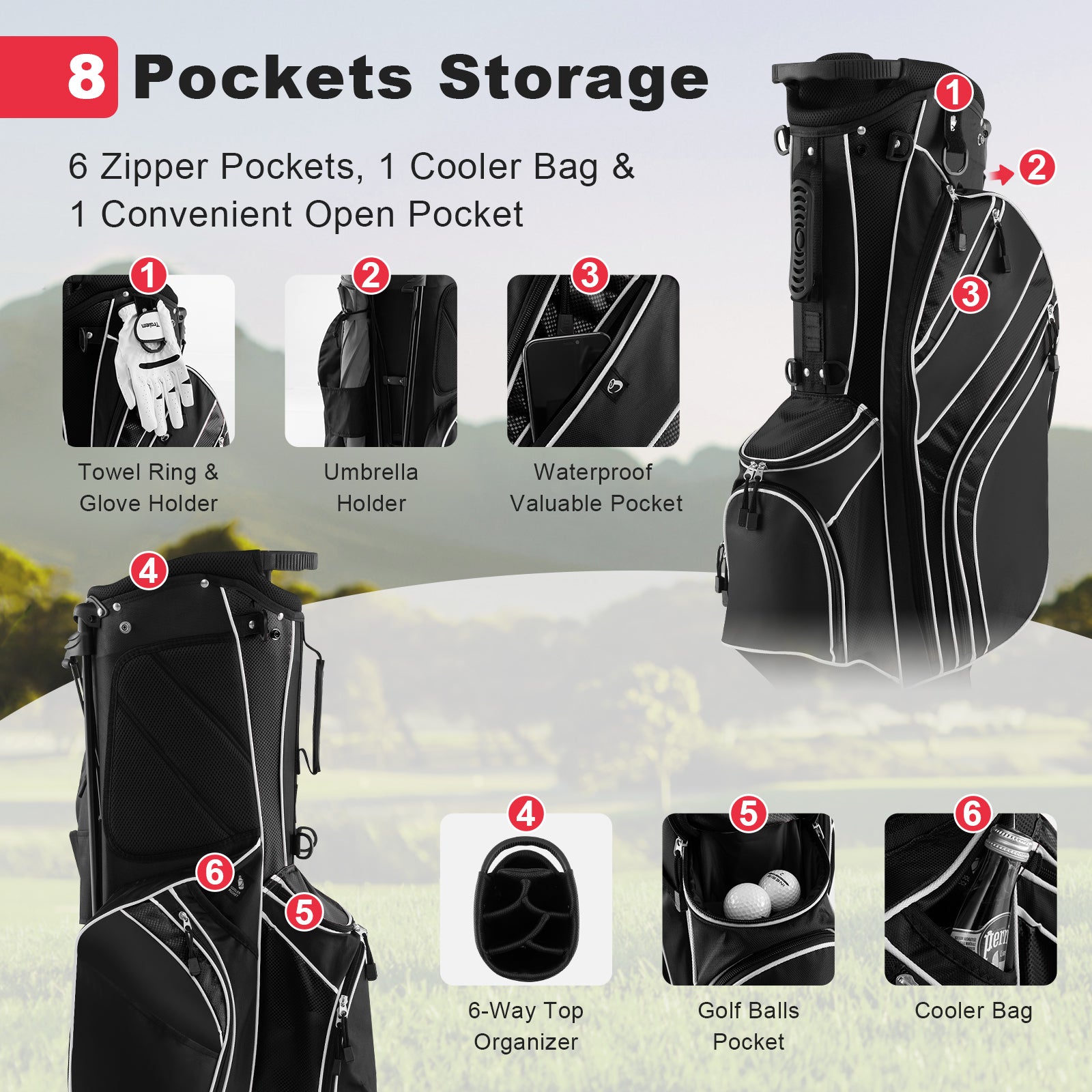 Golf Stand Cart Bag, 6-Way Divider, Carry Pockets, Black Golf at Gallery Canada