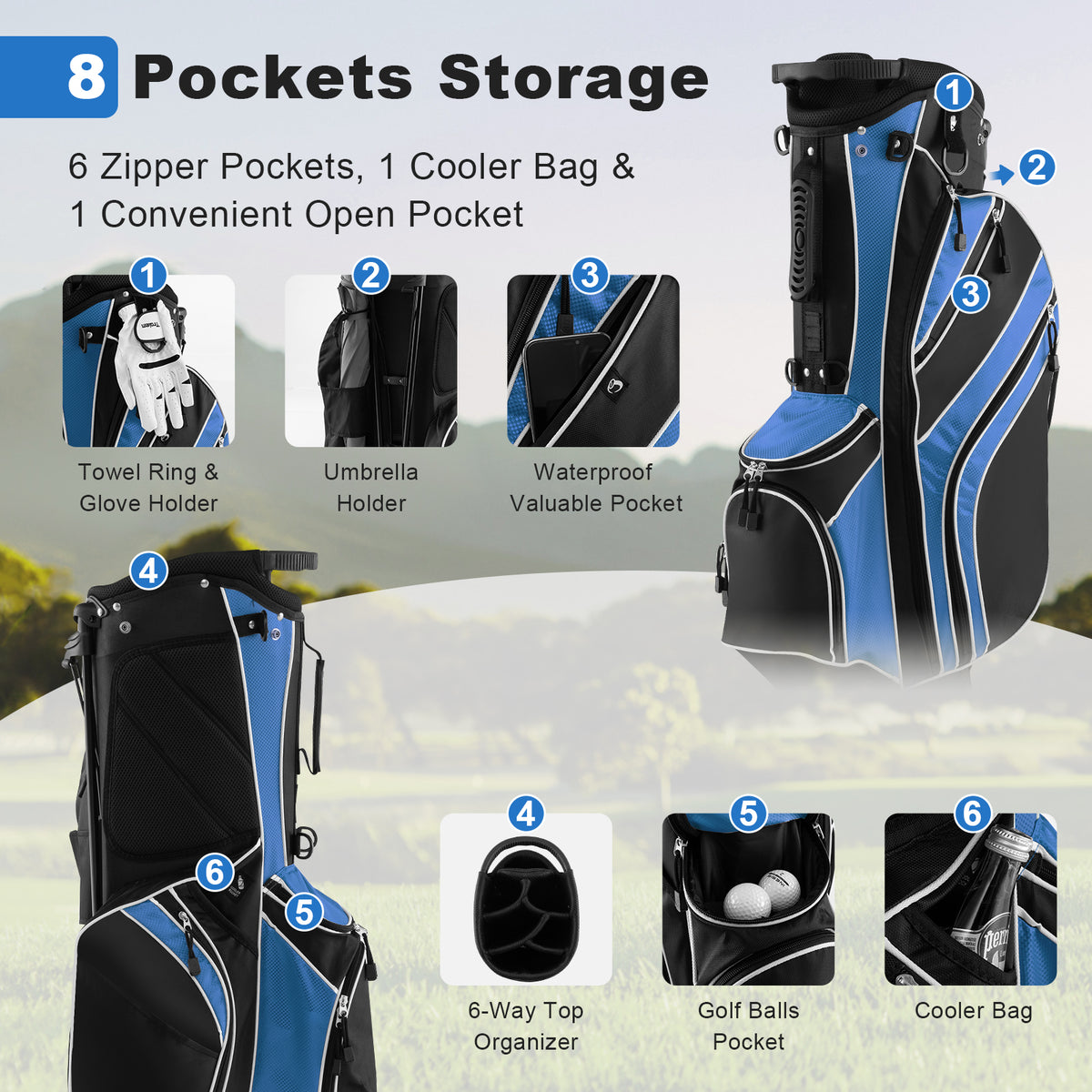 Golf Stand Cart Bag, 6-Way Divider, Carry Pockets, Blue Golf at Gallery Canada