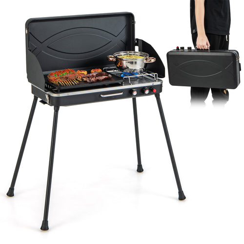 2-In-1 Gas Camping Grill And Stove With Detachable Legs, Black