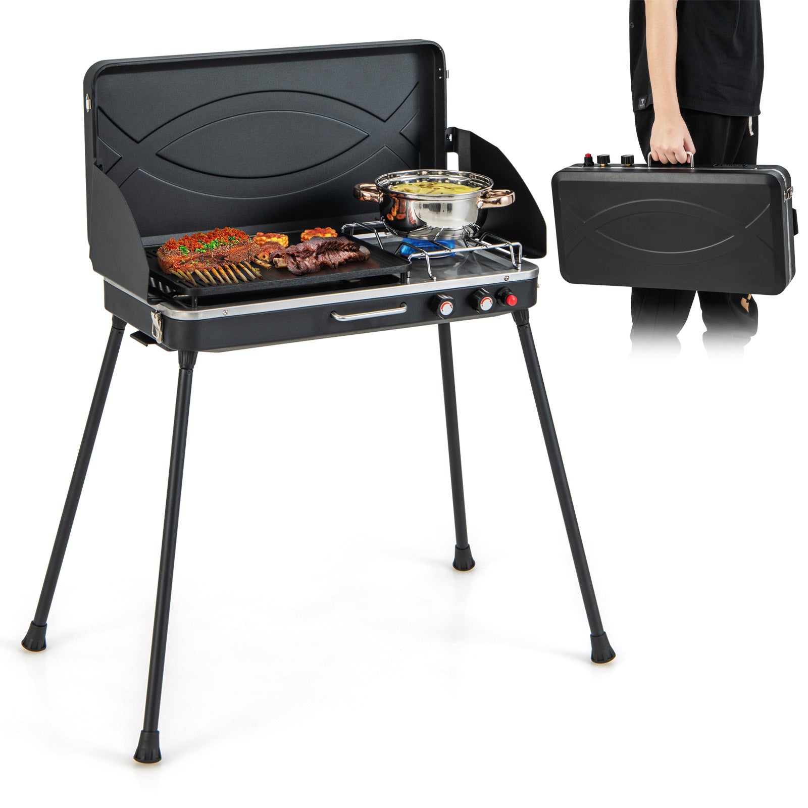 2-In-1 Gas Camping Grill And Stove With Detachable Legs, Black Outdoor Grills at Gallery Canada