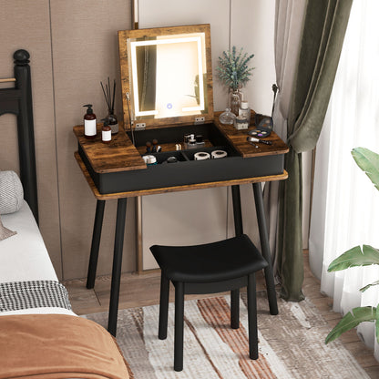 Vanity Table Set With Flip Top Mirror Lights, USB Writing Desk And Stool, Brown Makeup Vanities at Gallery Canada