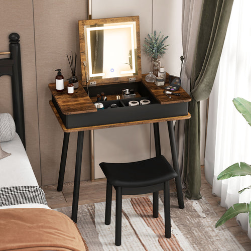 Vanity Table Set With Flip Top Mirror Lights, USB Writing Desk And Stool, Brown