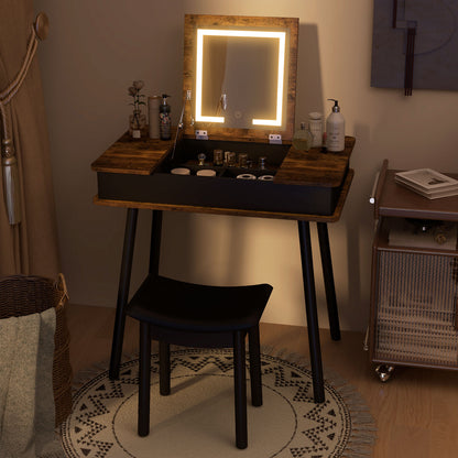 Vanity Table Set With Flip Top Mirror Lights, USB Writing Desk And Stool, Brown Makeup Vanities at Gallery Canada