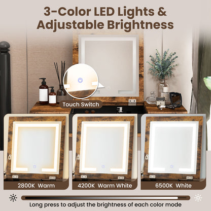 Vanity Table Set With Flip Top Mirror Lights, USB Writing Desk And Stool, Brown Makeup Vanities at Gallery Canada
