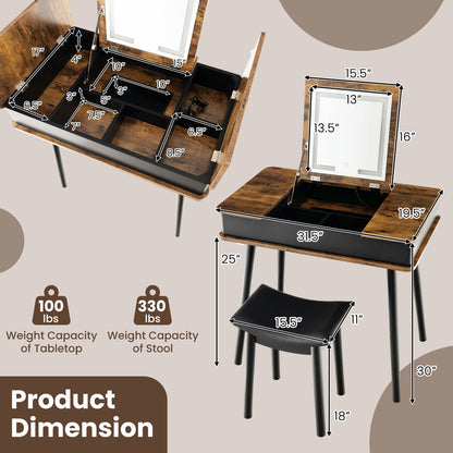 Vanity Table Set With Flip Top Mirror Lights, USB Writing Desk And Stool, Brown Makeup Vanities at Gallery Canada