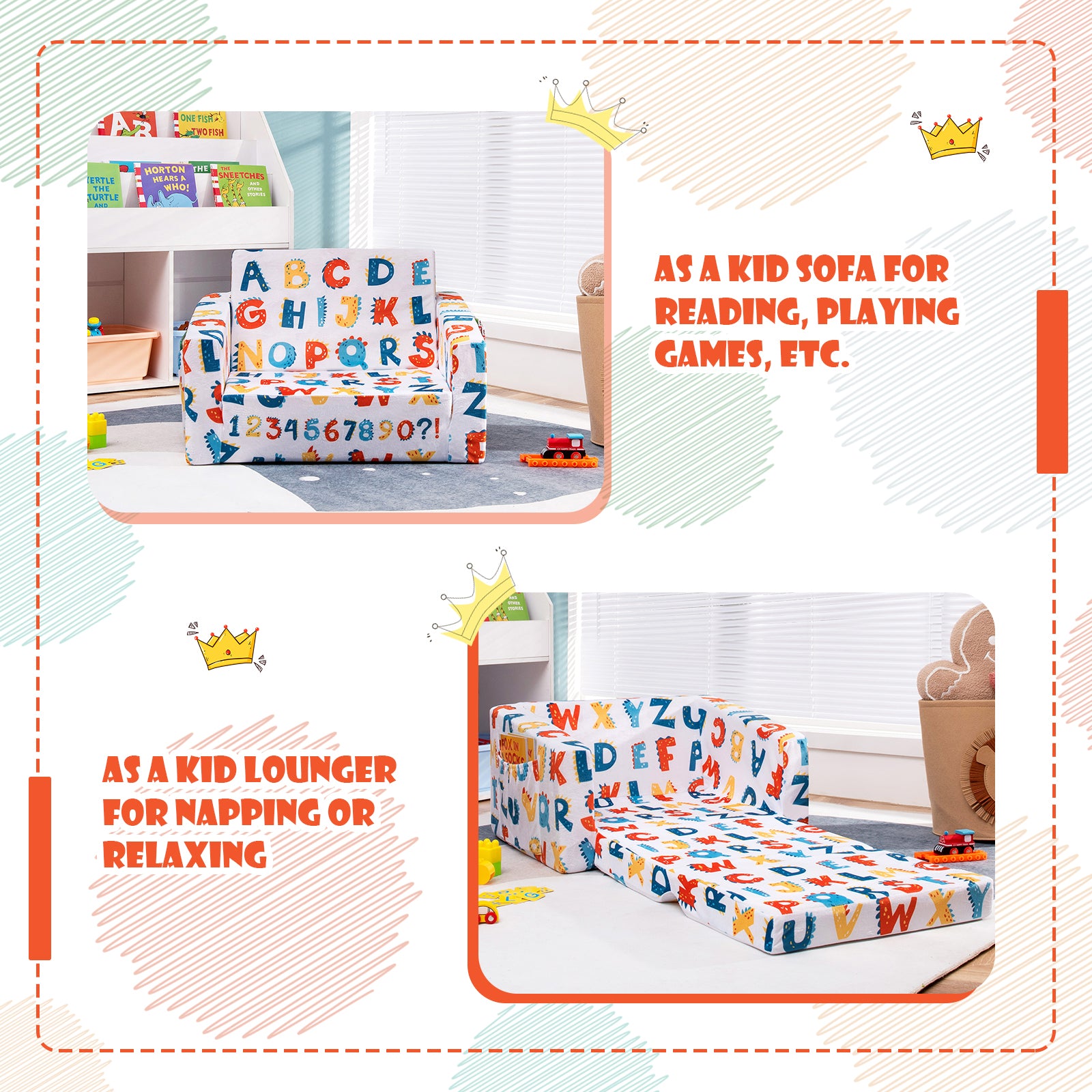 Convertible Kids Sofa, Velvet Fabric, Multicolor Kids Chairs & Seating at Gallery Canada