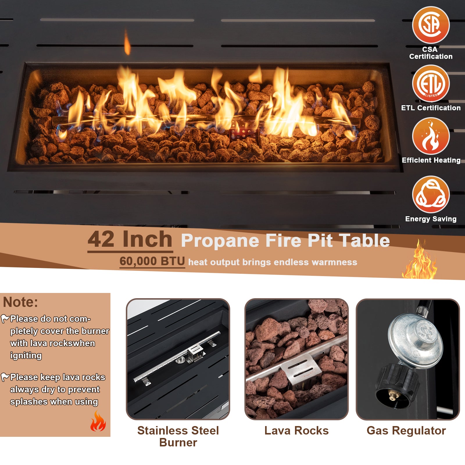 42 Inch 60,000 BTU Propane Fire Pit Table, Waterproof Cover Fire Pit Tables at Gallery Canada