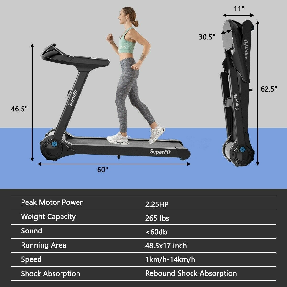 2.25HP Folding Treadmill, Running Machine, Black Treadmills at Gallery Canada