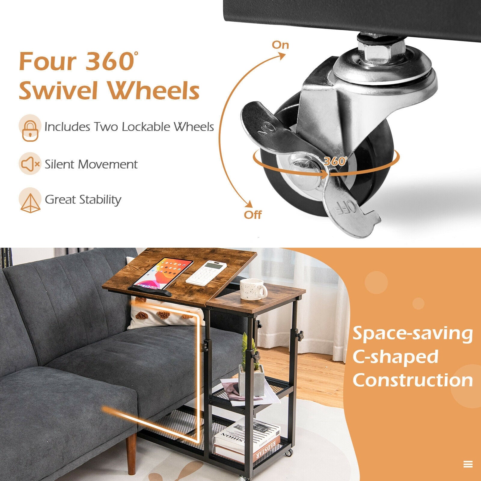 Adjustable C-Shaped Bedside Table, Rustic Brown End & Side Tables at Gallery Canada